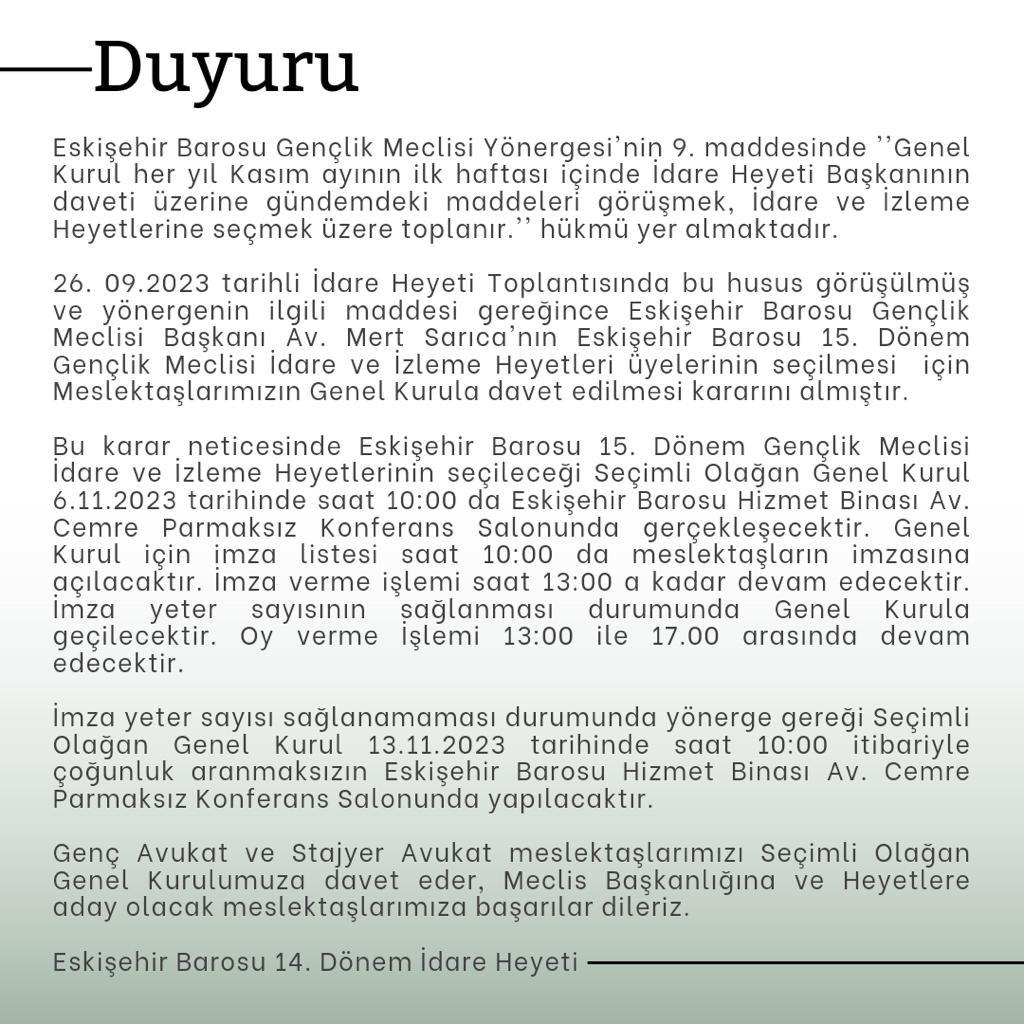 ESKİŞEHİR BAROSU GENÇLİK MECLİSİ DUYURU - 5.10.2023